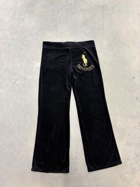 Vintage Y2K Ralph Lauren‎ Black Velour Wide-Leg Pants with Gold Polo Patch